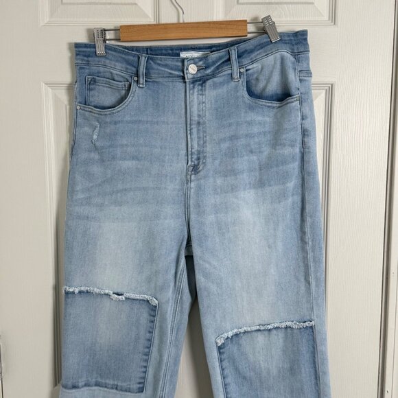 Risen Jeans Womens 1XL Blue Straight Leg Patchwork Light Wash High Rise Stretch - Picture 3 of 13